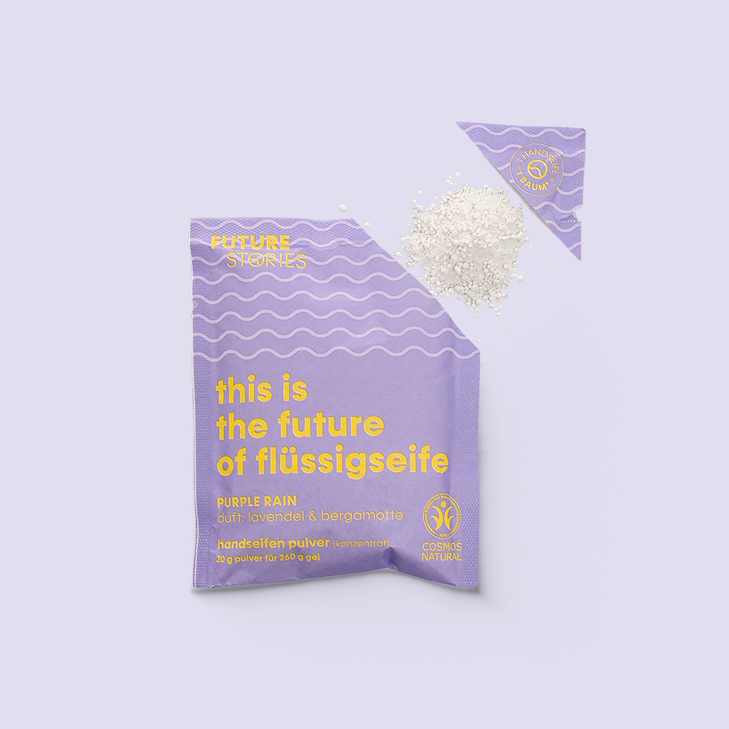 Das Seifenpulver von FUTURE STORIES stellt eine nachhaltige Alternative zu herkömmlicher Flüssigseife dar